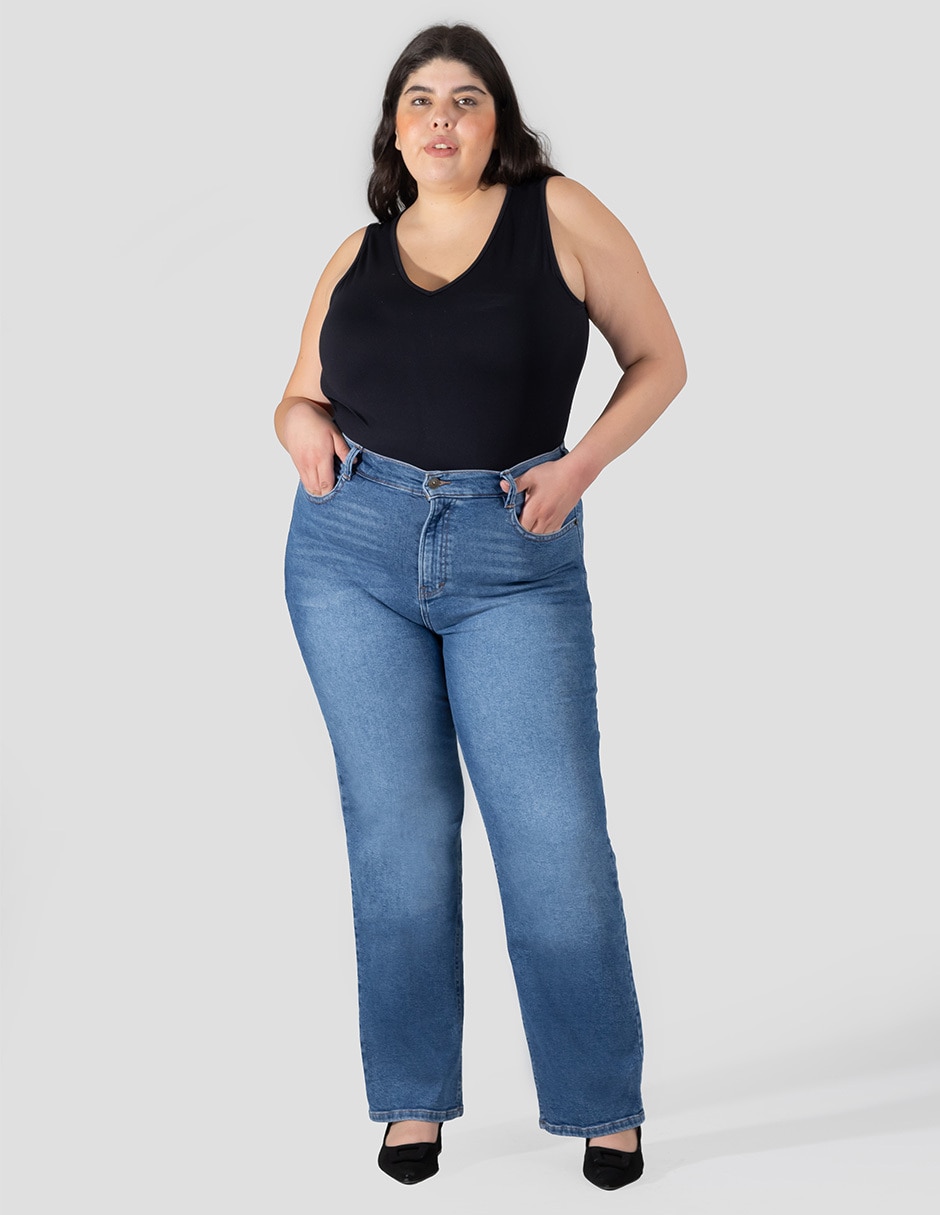 Jeans regular slim corte cintura alta para mujer 5